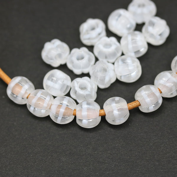 2.5mm hole frosted clear white stripes 8mm melon shape beads - 20pc