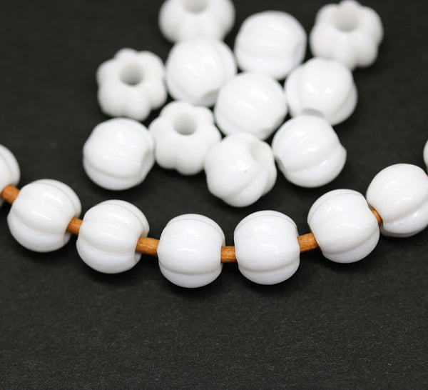 2.5mm hole opaque white 8mm melon shape beads - 20pc