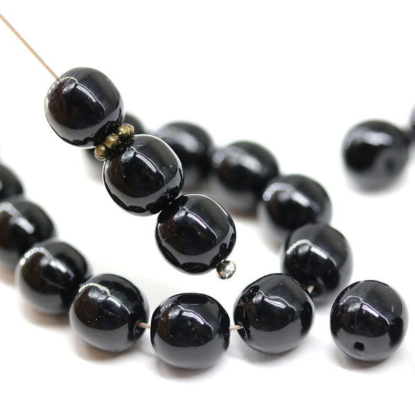 8mm Jet black czech glass round pressed druk beads, 20Pc