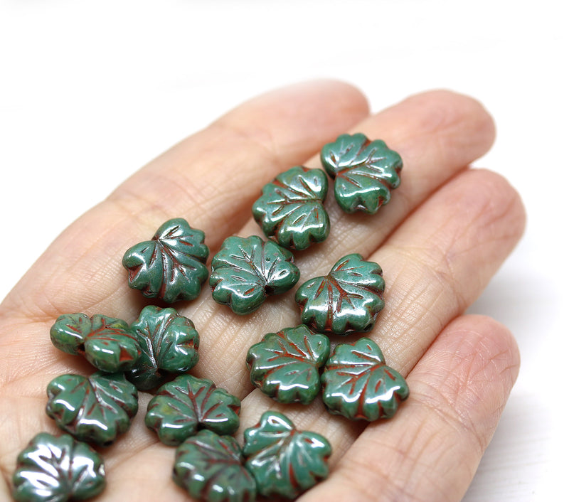 11x13mm Dark green maple leaf czech glass beads picasso luster finish 20pc