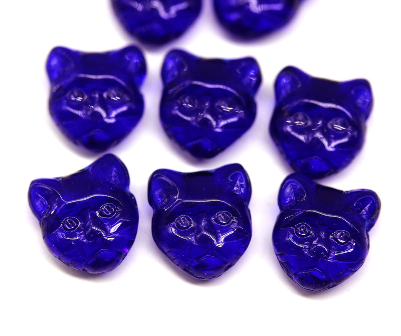 Dark blue cat head beads, Czech glass feline beads, 8pc