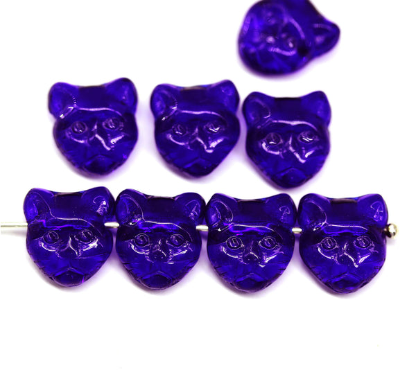 Dark blue cat head beads, Czech glass feline beads, 8pc