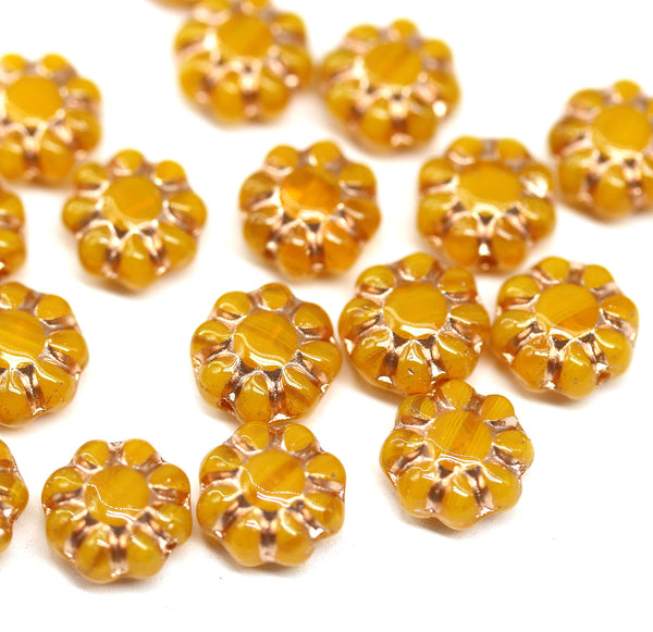 9mm Opal yellow Czech glass daisy flower beads, copper wash, 20pc