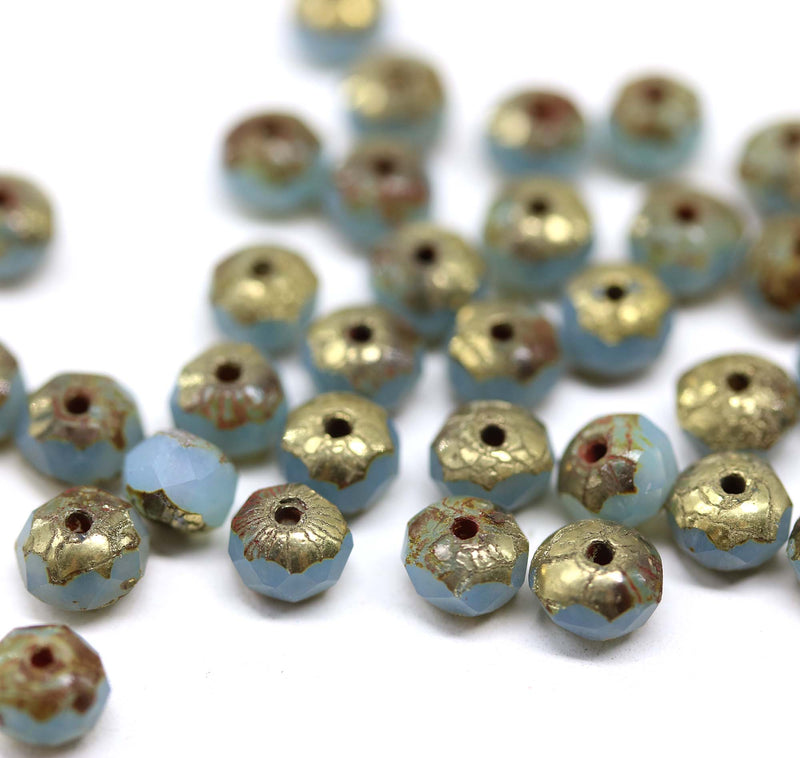 3x5mm Opal blue rondelle beads, czech glass, old patina finish, 40pc