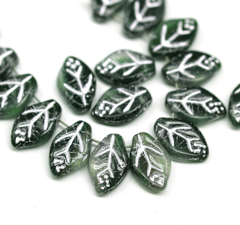 12x7mm Dark green leaf czech glass beads, silver wash, 30pc