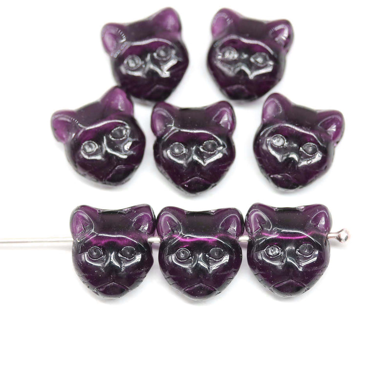 Dark purple cat head beads, Czech glass feline beads, 8pc