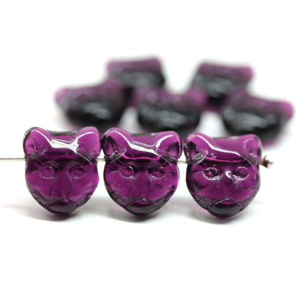 Dark purple cat head beads, Czech glass feline beads, 8pc