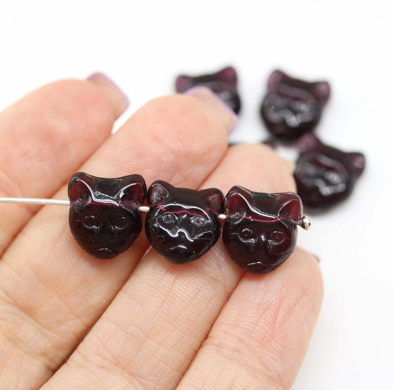 Dark purple cat head beads, Czech glass feline beads, 8pc