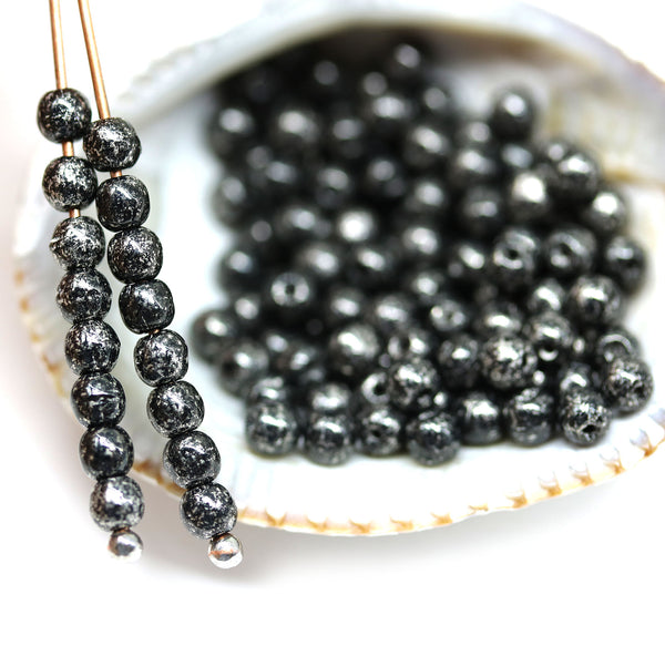 3mm Black silver wash beads Czech glass small druk spacers, 8g