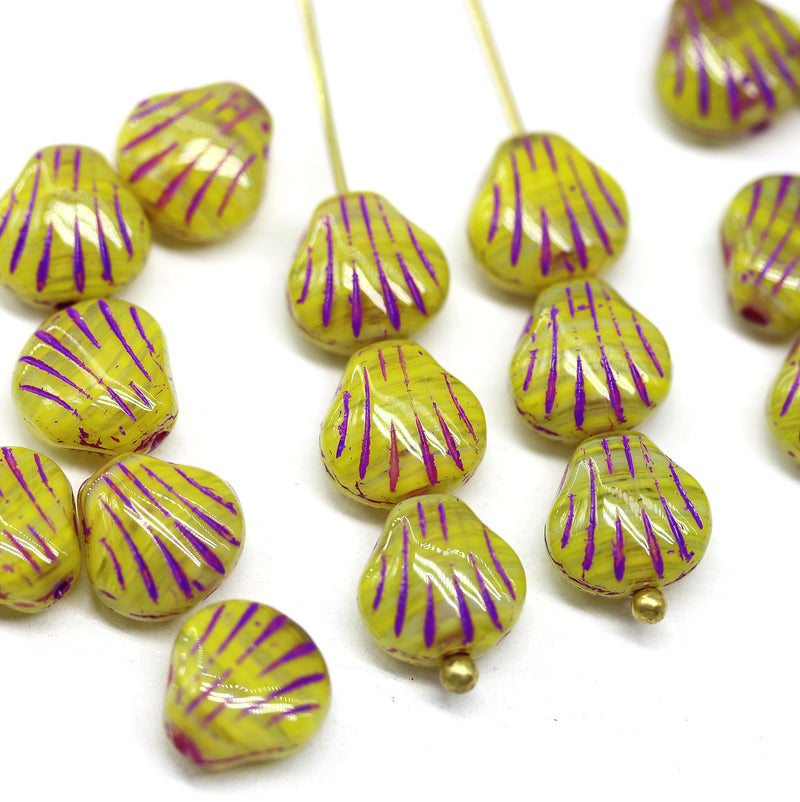 9mm Yellow czech  glass shell beads, center drilled, purple wash, 20pc