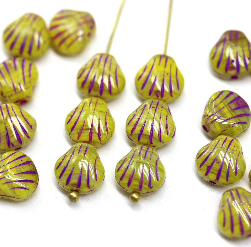 9mm Yellow czech  glass shell beads, center drilled, purple wash, 20pc