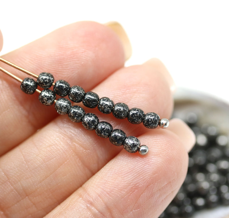 3mm Black silver wash beads Czech glass small druk spacers, 8g
