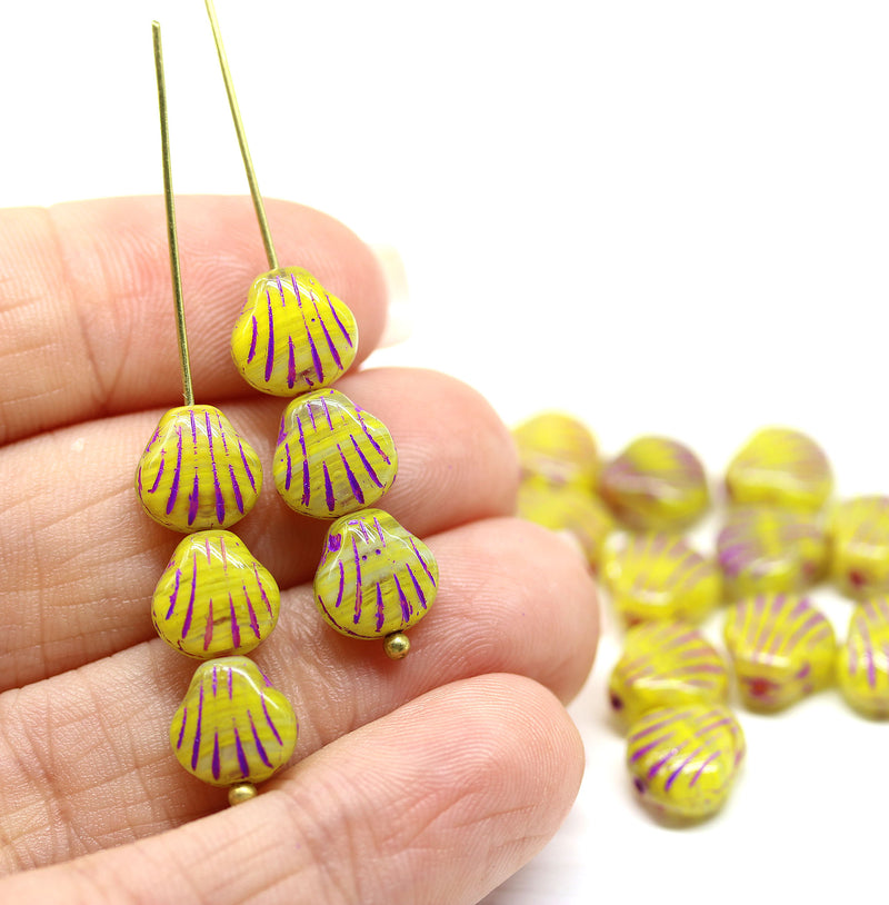 9mm Yellow czech  glass shell beads, center drilled, purple wash, 20pc