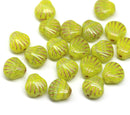9mm Yellow czech  glass shell beads, center drilled, copper wash, 20pc
