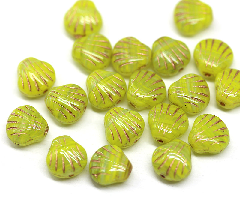 9mm Yellow czech  glass shell beads, center drilled, copper wash, 20pc