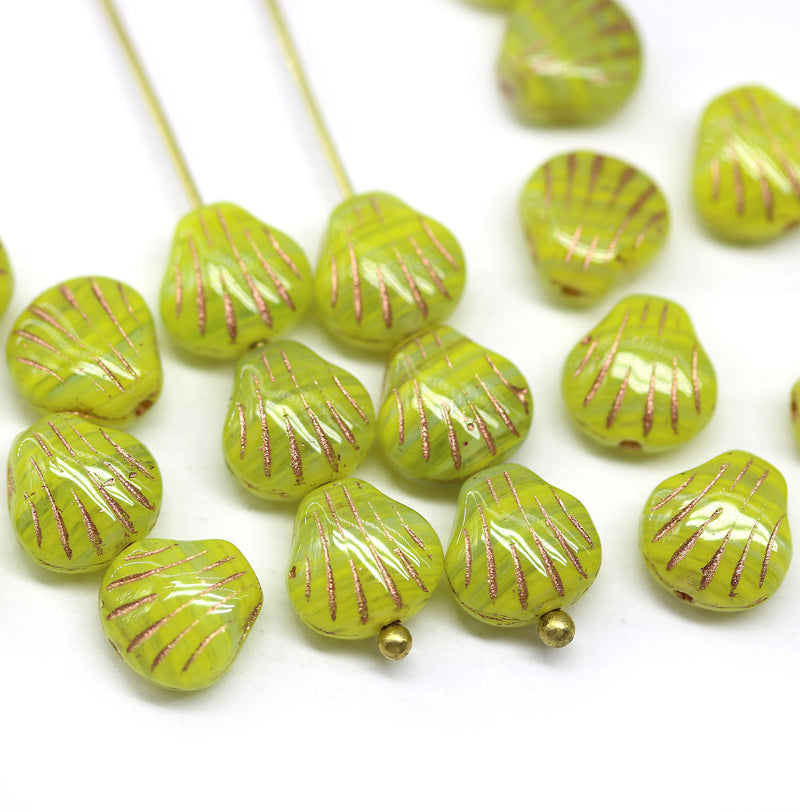 9mm Yellow czech  glass shell beads, center drilled, copper wash, 20pc