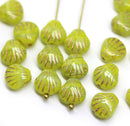 9mm Yellow czech  glass shell beads, center drilled, copper wash, 20pc