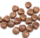 9mm Brown czech glass shell beads, center drilled, copper wash, 20pc