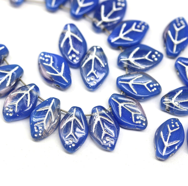 12x7mm Blue leaf czech glass beads, silver wash, 30pc