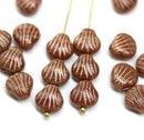 9mm Brown czech glass shell beads, center drilled, copper wash, 20pc