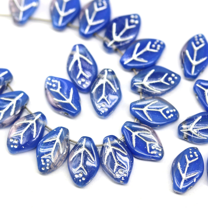 12x7mm Blue leaf czech glass beads, silver wash, 30pc