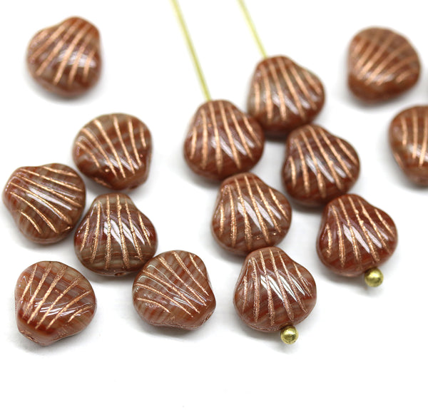9mm Brown czech glass shell beads, center drilled, copper wash, 20pc