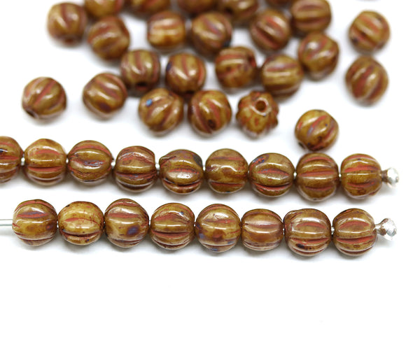 4mm Picasso brown melon shape glass beads, 50pc