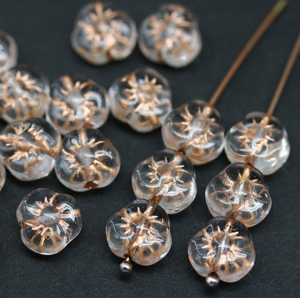 9mm Crystal clear flower czech glass copper wash three petal daisy, 20Pc