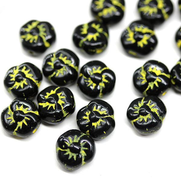 9mm Black flower czech glass yellow wash three petal daisy, 20Pc