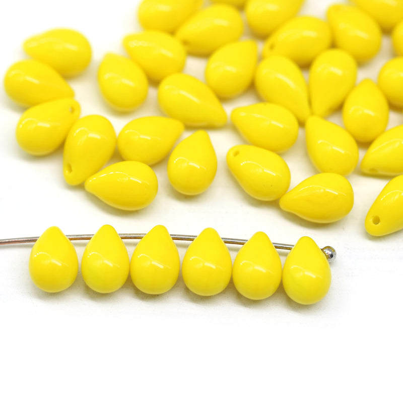 6x9mm Opaque yellow czech glass teardrop beads, 40pc