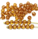 4mm light topaz cathedral czech glass beads, golden ends 50Pc
