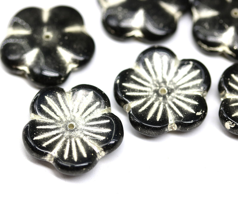 20mm Large black Czech glass flower beads silver wash, 6Pc