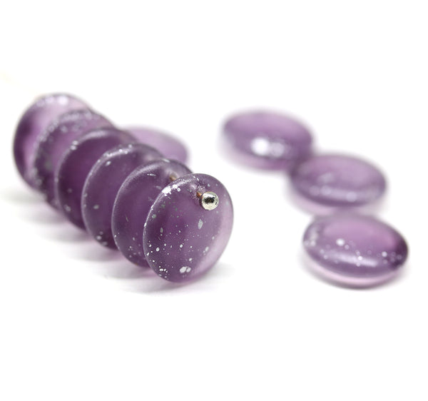 12mm Purple lentil, silver wash czech glass round beads, 10Pc