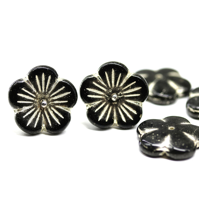 20mm Large black Czech glass flower beads silver wash, 6Pc