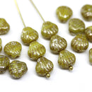 9mm Yellow czech  glass shell beads, center drilled, picasso finish, 20pc