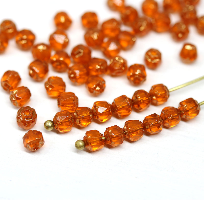 4mm dark orange cathedral czech glass beads, golden ends 50Pc