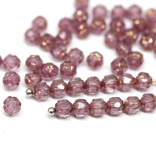 4mm purple cathedral czech glass beads, golden ends 50Pc
