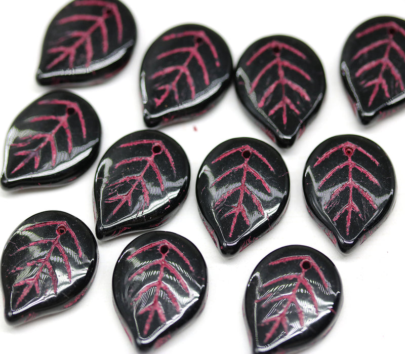 18mm Large black leaves, czech glass flat leaf, pink inlays, 10Pc