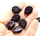 18mm Large black leaves, czech glass flat leaf, pink inlays, 10Pc