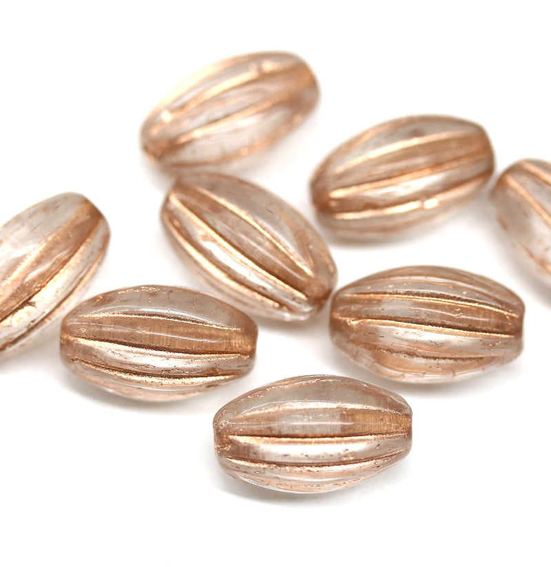 14x8mm Clear oval Large czech glass barrel beads copper wash, 8Pc