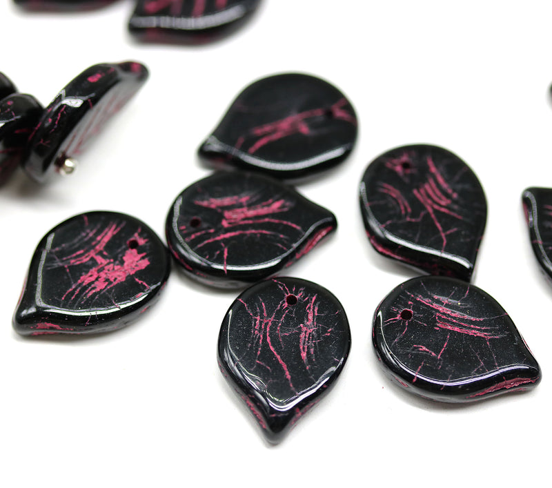 18mm Large black leaves, czech glass flat leaf, pink inlays, 10Pc