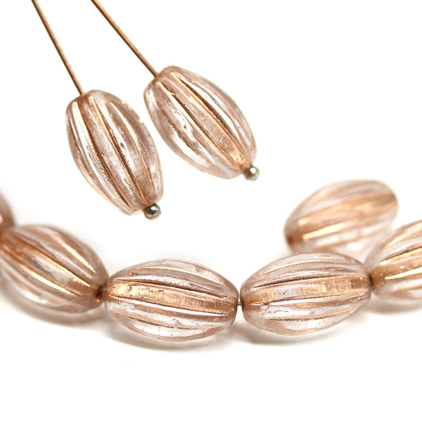 14x8mm Clear oval Large czech glass barrel beads copper wash, 8Pc