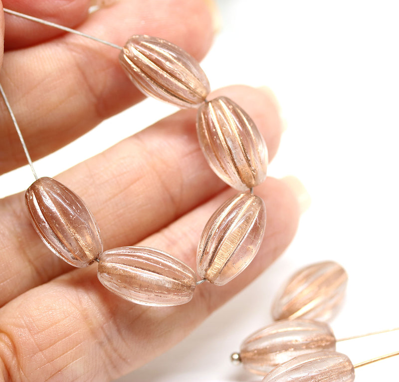 14x8mm Clear oval Large czech glass barrel beads copper wash, 8Pc