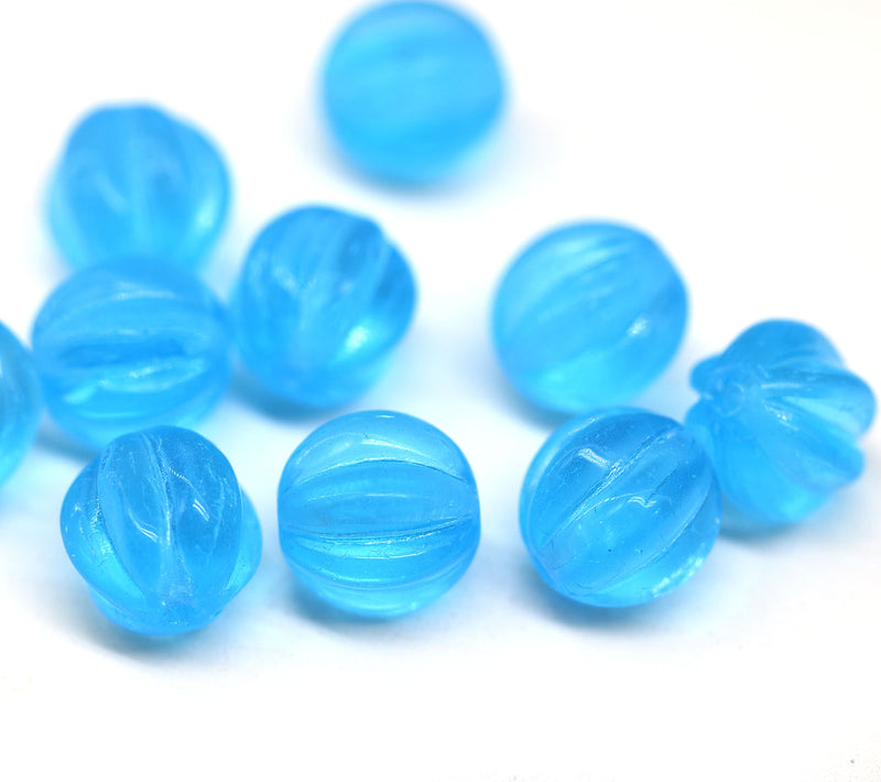 10mm Aqua blue round melon shape glass beads, 10pc
