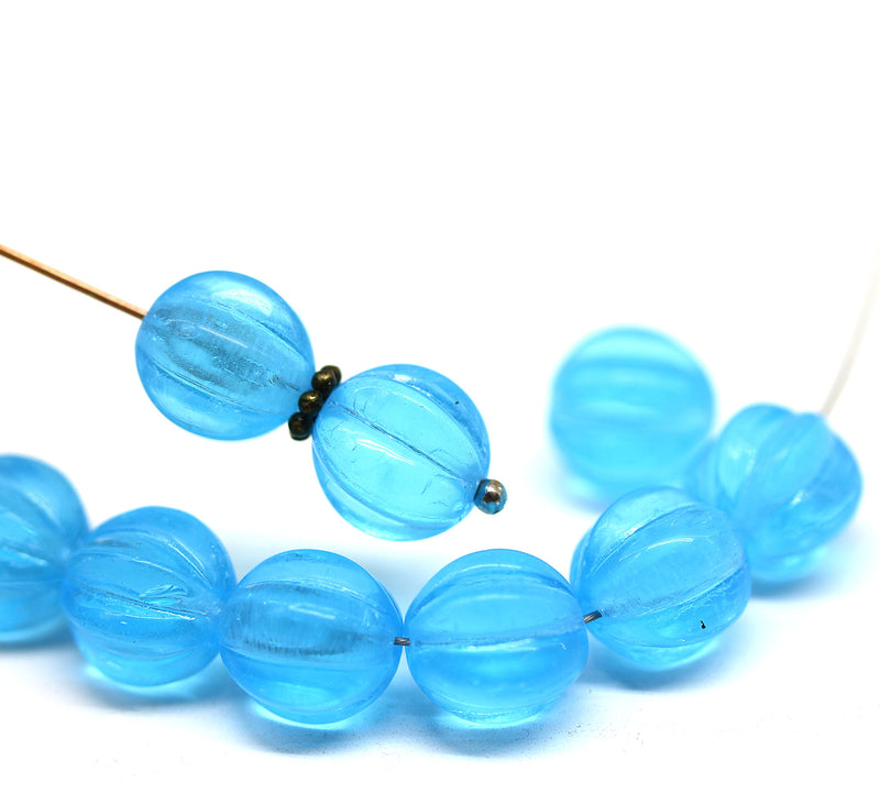 10mm Aqua blue round melon shape glass beads, 10pc