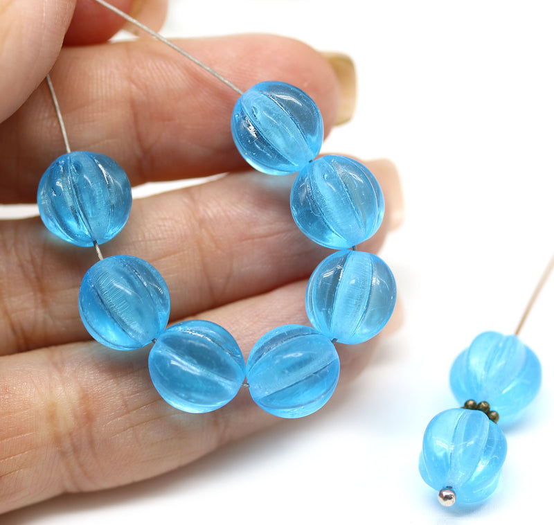 10mm Aqua blue round melon shape glass beads, 10pc