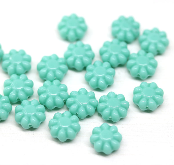 9mm Mint green daisy flower czech glass beads, 20Pc