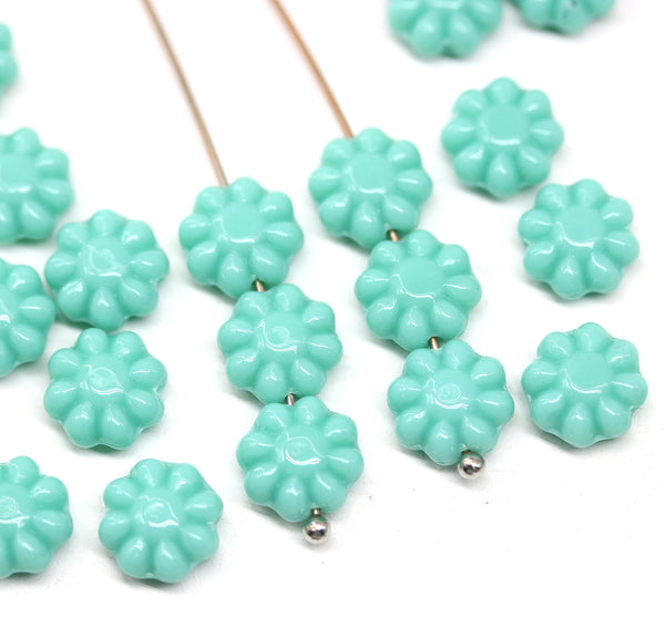 9mm Mint green daisy flower czech glass beads, 20Pc