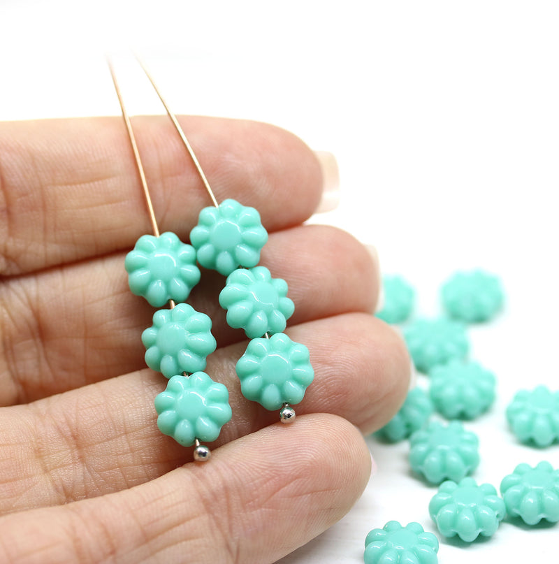 9mm Mint green daisy flower czech glass beads, 20Pc