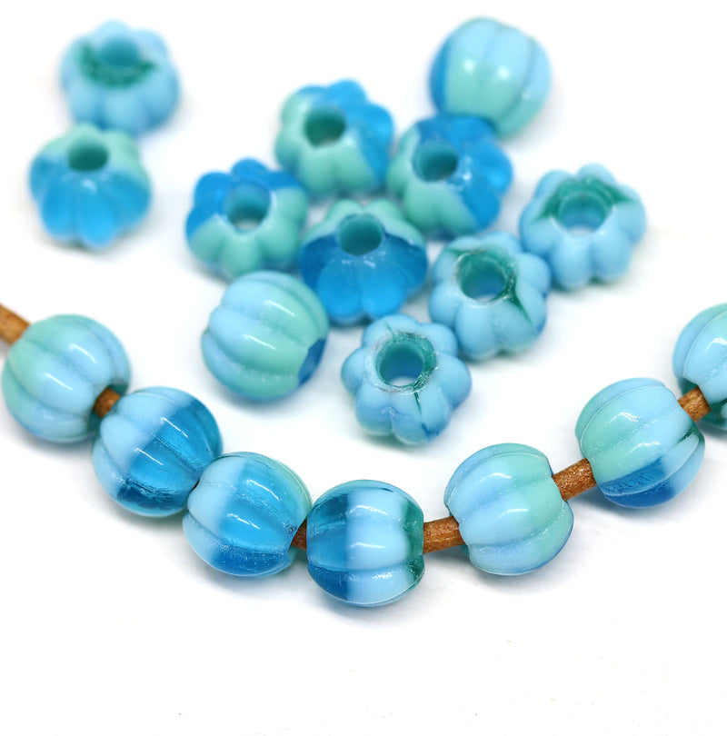 2.5mm hole mixed blue 8mm melon shape beads - 20pc